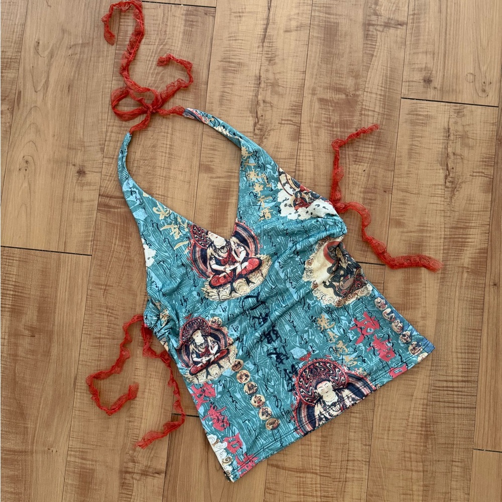 Custom Vintage Bohemian Halter Top with Red and Blue Print with Lace Ties